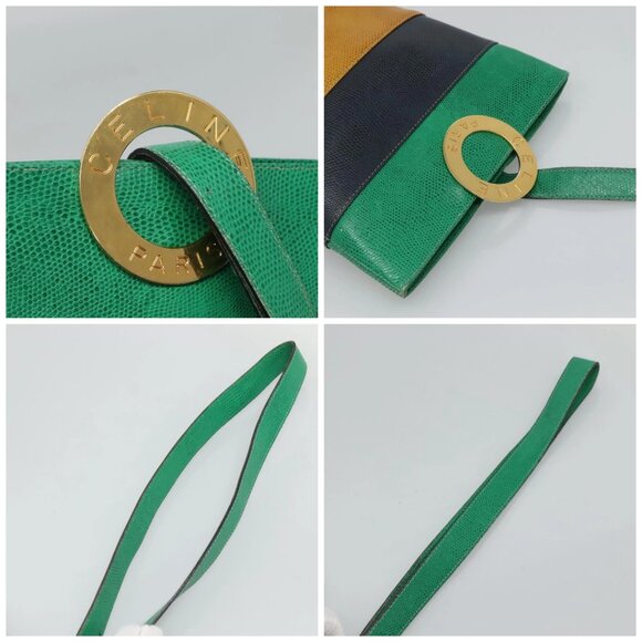 CELINE Shoulder Bag Leather Embossed Green Yellow Red Auth BA973 - Picture 16 of 16
